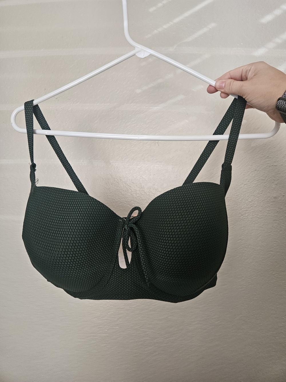 Shade & Shore Dark Green Textured Push-Up Bikini Top with Front Tie Size 38DD